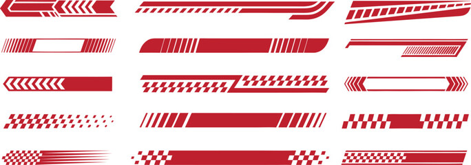 Red racing stripe decals set with geometric lines and checkered patterns, high-speed automotive graphic elements for cars, motorcycles, and sport vehicle customization.