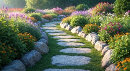 Obraz premium Stone path meanders through colorful flower beds in a sunny garden