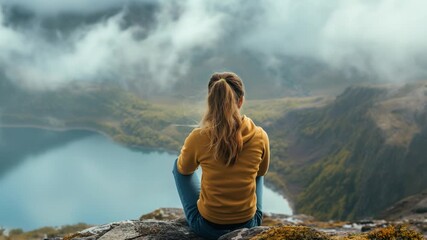 Woman enjoying a stunning view of a mountain lake