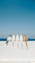 Five cats sitting on a white wall facing the sea