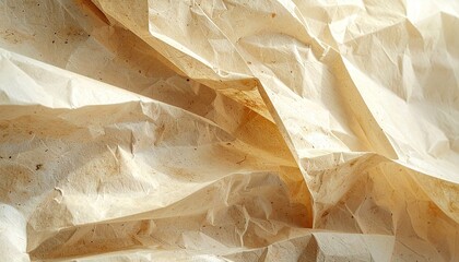 Textured light brown and beige crumpled paper with subtle glitter highlights and sharp angular folds creating abstract geometric patterns under bright studio lighting