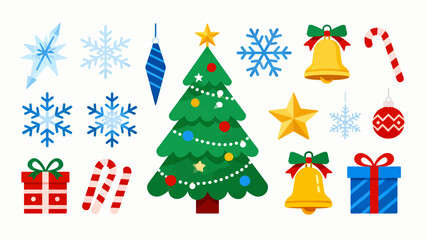 A collection of Christmas decorations, featuring cartoon hand-drawn vector illustrations, Christmas trees, bells, gifts, Christmas stockings, reindeer, Santa hats, snowflakes, five-pointed stars, and 