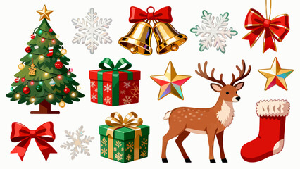 A collection of Christmas decorations, featuring cartoon hand-drawn vector illustrations, Christmas trees, bells, gifts, Christmas stockings, reindeer, Santa hats, snowflakes, five-pointed stars, and 