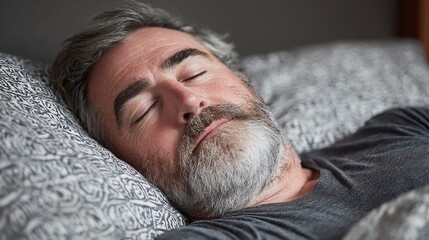 A restful moment: a man sleeps soundly in his bed, enjoying a peaceful nap. Grey hair and a beard suggest experience and maturity, reflecting a serene state of relaxation.