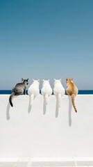 Five cats sitting on a white wall facing the sea