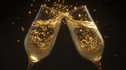 Two champagne glasses toasting with golden liquid and sparkling lights against a dark background for celebrations and special occasions