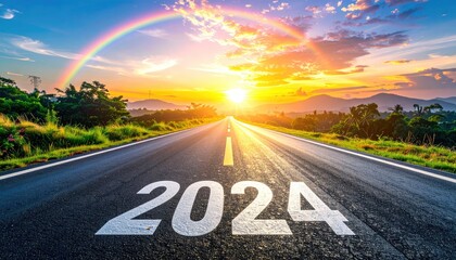 Scenic Open Road Leads Towards a Vibrant Sunset and Rainbow with 2024 Painted on the Asphalt Symbolizing a New Year Journey
