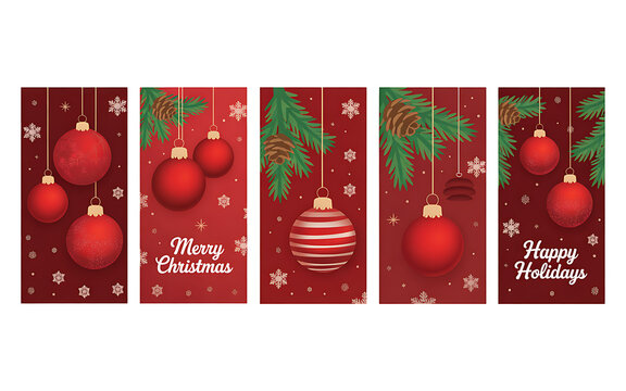 Christmas holiday greeting cards with red baubles and snowflakes
