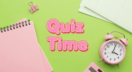 Quiz time flat lay with school supplies on a green background