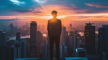 Businessman watching a modern cityscape at sunset from a rooftop - Powered by Adobe