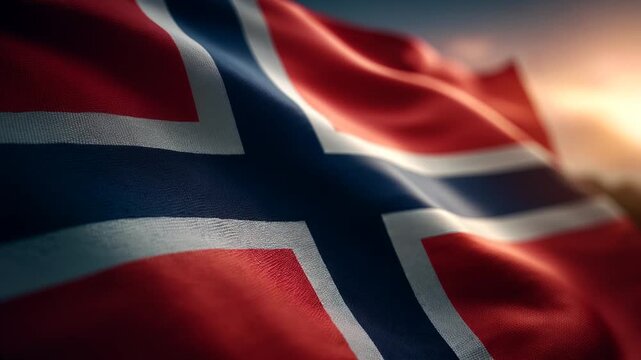 norwegian flag norway waving in the wind in the evening sky