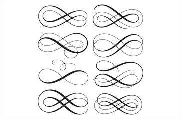 A collection of elegant black infinity symbols arranged on a white background