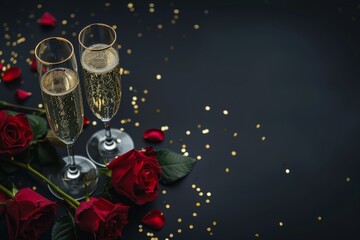 Two elegant champagne glasses filled with bubbly drink are accompanied by vibrant red roses, creating a luxurious atmosphere filled with romance and celebration, perfect for special occasions.