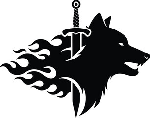 Flaming wolf head with sharp blade theme for fierce wild spirit graphic design Vector silhouette
