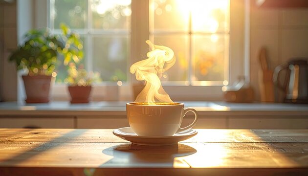 Steaming Cup of Coffee on a Wooden Table Bathed in Golden Morning Sunlight by a Kitchen Window