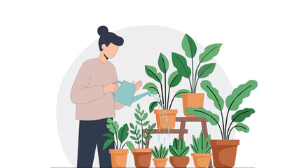 Woman watering plants in pots in vector format