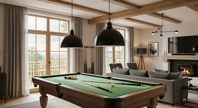 Luxurious living room with pool table and fireplace offering scenic views