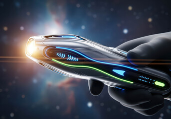 Hand holding futuristic medical device with glowing lights. Space medicine technology. Innovative healthcare equipment for astronaut.
