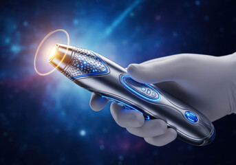 A medical professional holding a futuristic medical device for health examination and analysis in space. Future medical technology concept.