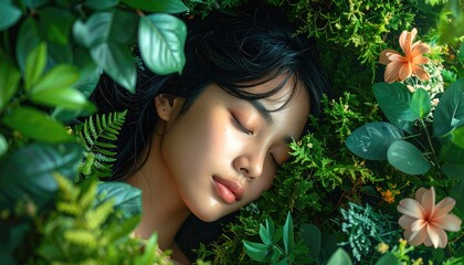 Serene Asian Woman Sleeping Peacefully Surrounded by Lush Greenery and Delicate Orange Flowers with Subtle Sparkles on Her Face