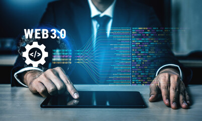 The concept of Web 3.0 development and decentralized data processing. The flow of binary code and information in the next generation internet. Motif
