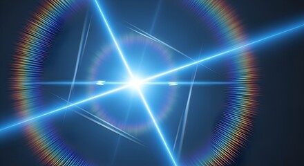 Fototapeta premium Abstract light art featuring bright blue rays intersecting with a prismatic, colorful ring,