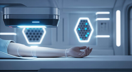 Woman patient undergoing future medical scan. Diagnostic examination in space station. Innovative healthcare technology in space medicine.