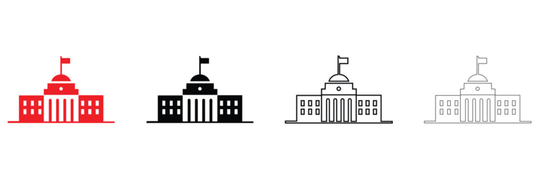 parliament govt building, government building with flag vector icon silhouette and line art