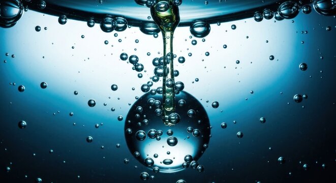 Transparent liquid drops with air bubbles in a blue liquid