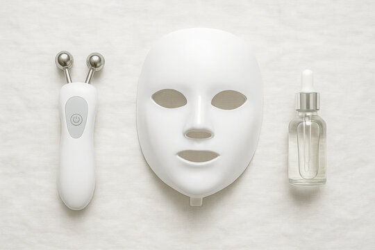 Horizontal image showing a neatly arranged set of modern skincare devices including an led therapy mask, a dual-ball microcurrent massager, and a glass serum bottle on a soft white surface