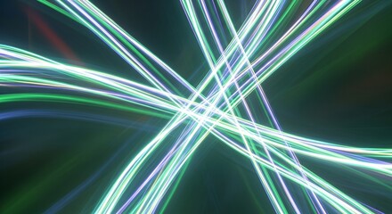 Dynamic light trails in green and blue dance across a dark backdrop creating energy and movement.