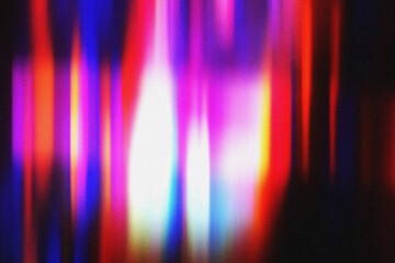 Prismatic crystal light dispersion with colorful blurred streaks, grain texture. Glowing overlay. Stylish shine abstract background for trendy digital design, banners, posters, websites, wallpapers