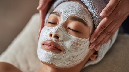 Relaxing facial treatment: woman with a facial mask receiving a gentle massage for a revitalizing skincare experience. Her eyes are closed. She is wearing a towel.