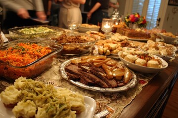 Obraz premium Joyful Thanksgiving Potluck: Cherished Moments with Family and Friends Celebrating Autumn's Bounty