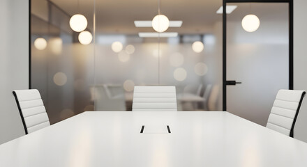 Modern conference room with sleek white furniture and soft bokeh lights