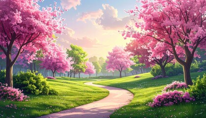 Serene Spring Park Pathway Bathed in Golden Sunlight with Blooming Pink Cherry Blossom Trees and Lush Green Grass