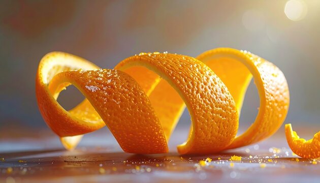 Twisted Orange Peel With Sugar Crystals And Sunlight Reflected On A Wooden Table Surface With A Blurred Background