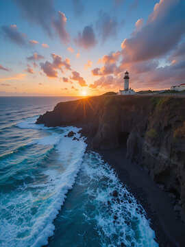 Aerial view of rough ocean with waves, volcanic beach, sunset over a huge cliff  in Lighthouse Ponta do Pargo, Madeira, Portugal