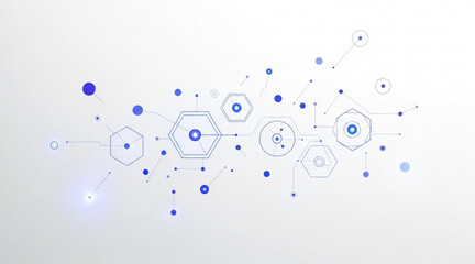 Abstract blue lines and dots forming geometric shapes representing technology concepts and data flow against a bright white backdrop
