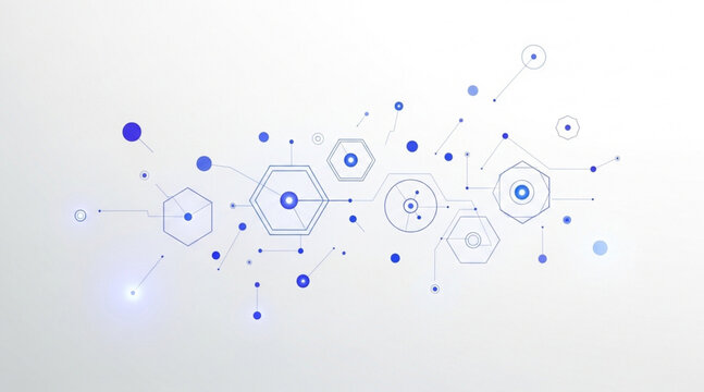 Abstract blue lines and dots forming geometric shapes representing technology concepts and data flow against a bright white backdrop