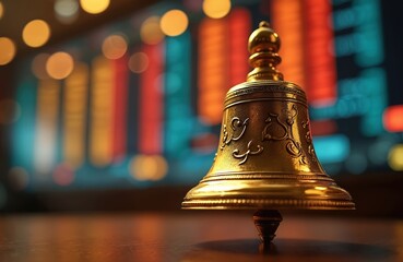 Close view shows golden bell. Financial exchange bell is on table in trading center. Stock ticker is in soft focus. Good news concept for broker activity or stock announcement.