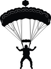 Silhouette of a skydiver descending with a large parachute against a white background