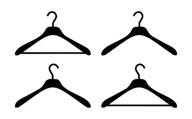 Hanger wardrobe icons. Set of cloakroom black silhouette pictogram. Clothes rack, service symbol. Dry cleaning pattern, clothing store signs collection.