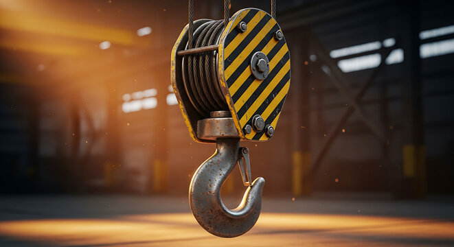Heavy-duty industrial crane hook with warning stripes hanging in a factory warehouse with warm light