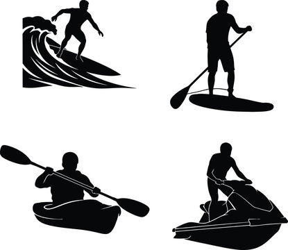 Collection of silhouettes of people enjoying water sports on white background