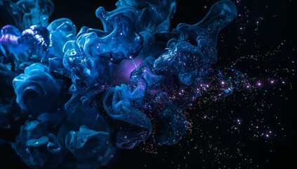 Abstract blue smoke swirl with glowing particles on dark background, resembling cosmic energy or fluid motion, perfect for backgrounds and digital art projects.