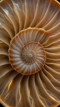 Spiral Symmetry: The image showcases the intricate beauty of a nautilus shell, highlighting its perfect spiral structure, texture, and organic patterns. A timeless representation of nature's design.