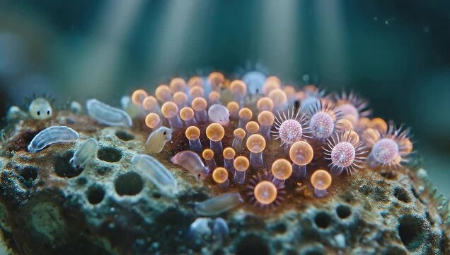 Orange and pink zoanthids, vibrant sea anemones in an underwater scene