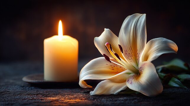 A serene composition featuring a lit candle and a delicate lily, symbolizing remembrance, tranquility, and hope in a dimly lit setting, evoking feelings of peace.