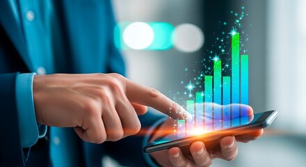 Businessman analyzes growth data on smartphone, digital chart rising